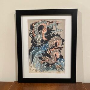 2 Dragons in Waterfall Framed Japanese Art Print 12x15 Kuniyoshi Ukiyoe Wall Art